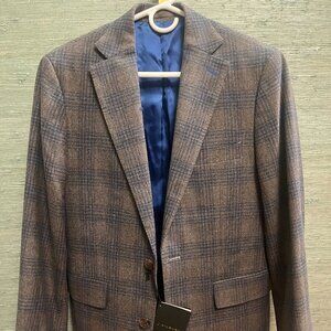 J Hilburn Mens 40R Wool Sport Coat Blazer Soft Brown with Blue Large Windowpane